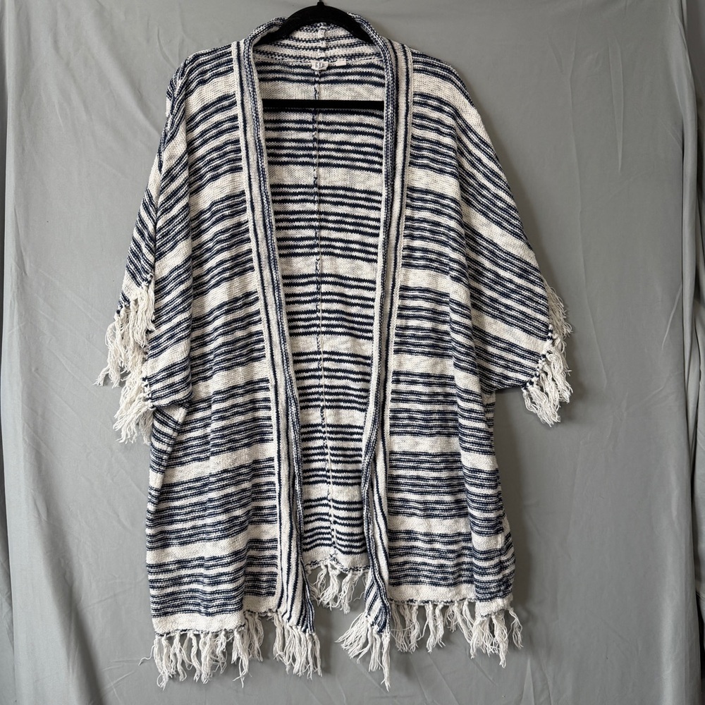 Gap Womens Open-Front Fringe Striped Poncho Cardigan Size M Navy White Coastal